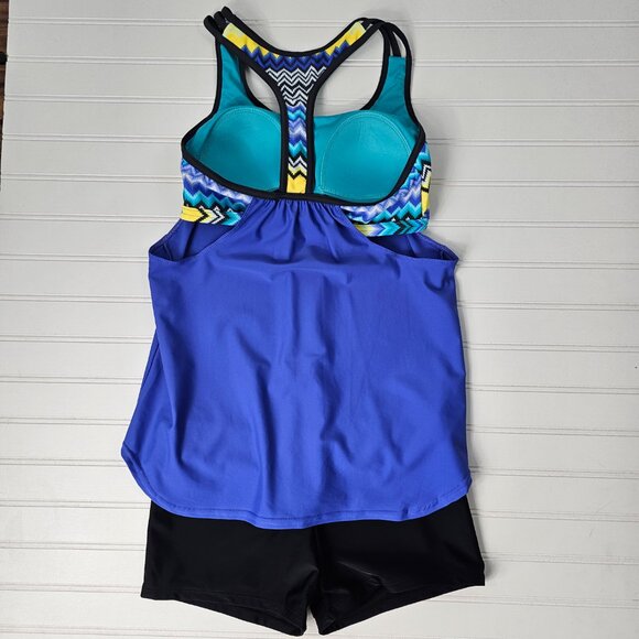 Women's Blue Layered Multicolor Striped Boy Short Racerback Tankini Set Size S - Picture 8 of 14